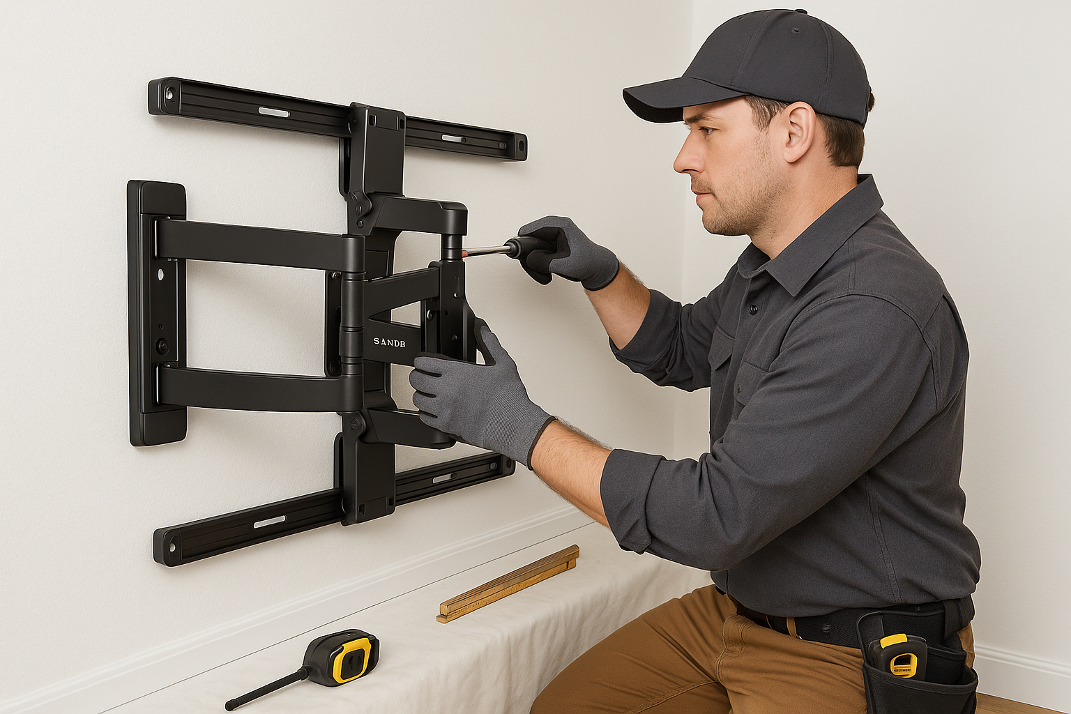 A worker installing a SANUS Advanced Full-Motion 4D® + Shift™ TV Wall Mount