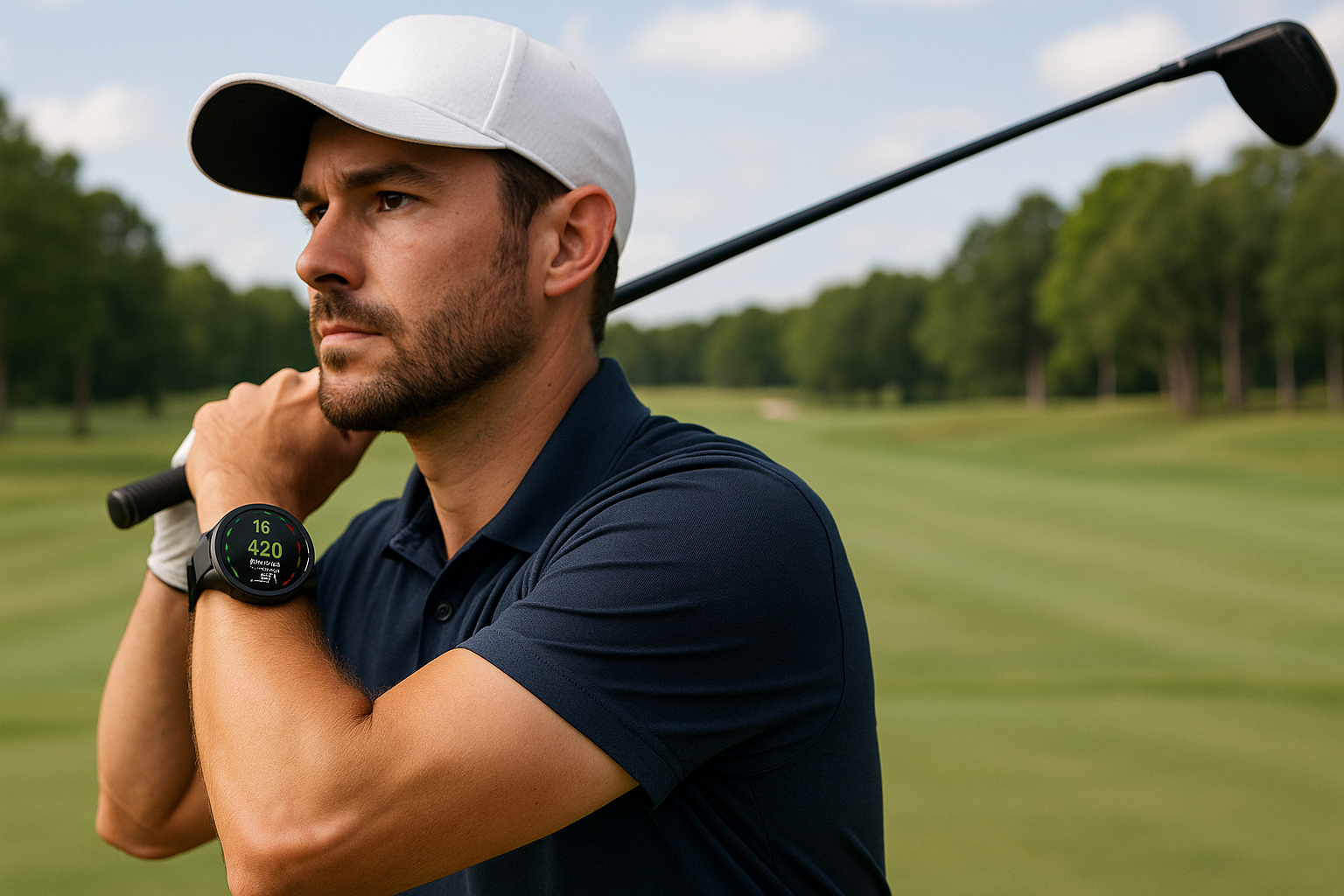 Can you make me an image of a golfer using the Garmin approach s70 golf watch on his wrist 