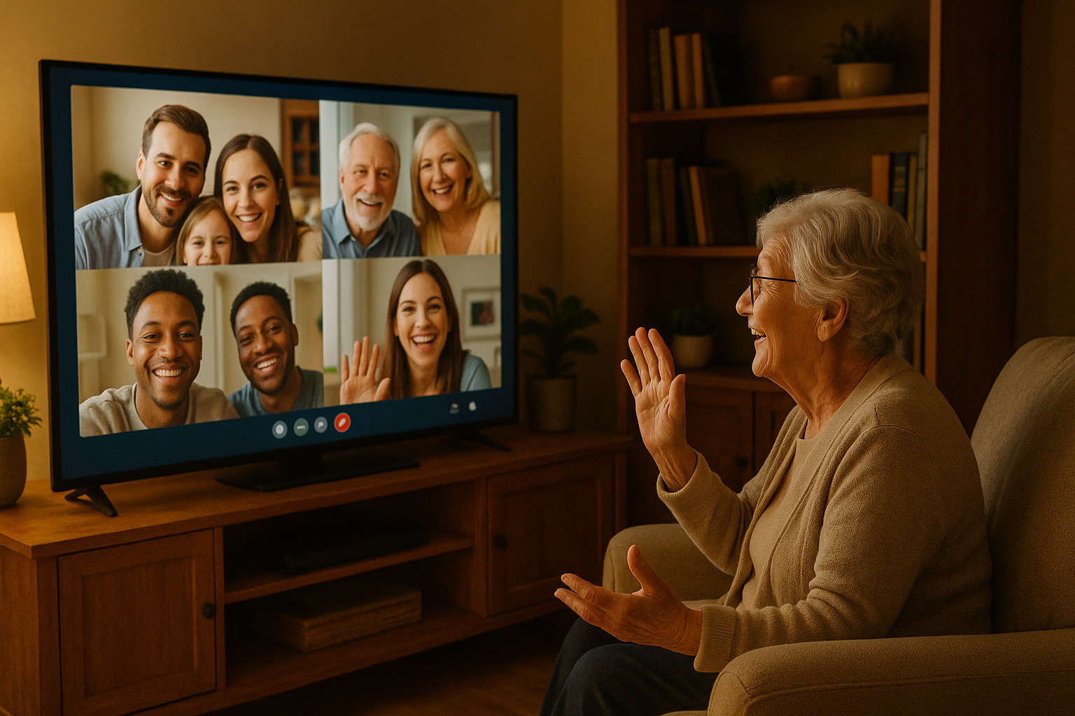 Elderly person video chat on their tv with family