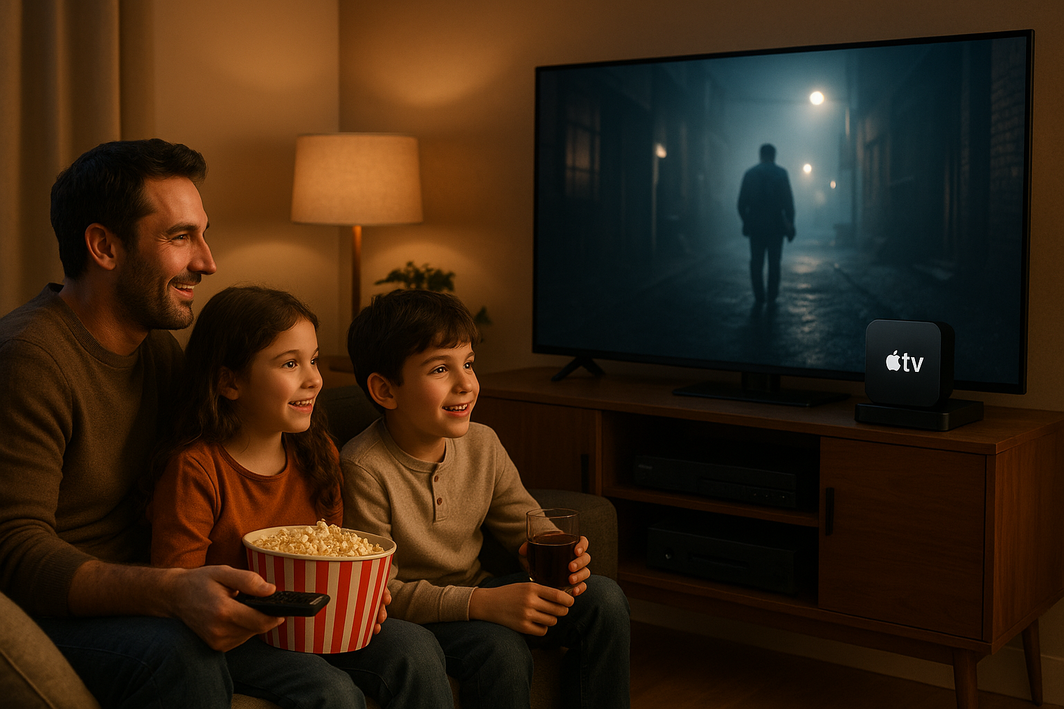 Family watching a movie on their apple tv streaming box