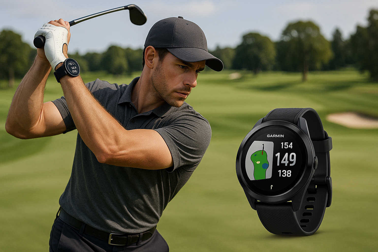Generate a golfer using the Garmin Approach s50 golf watch on their wrist