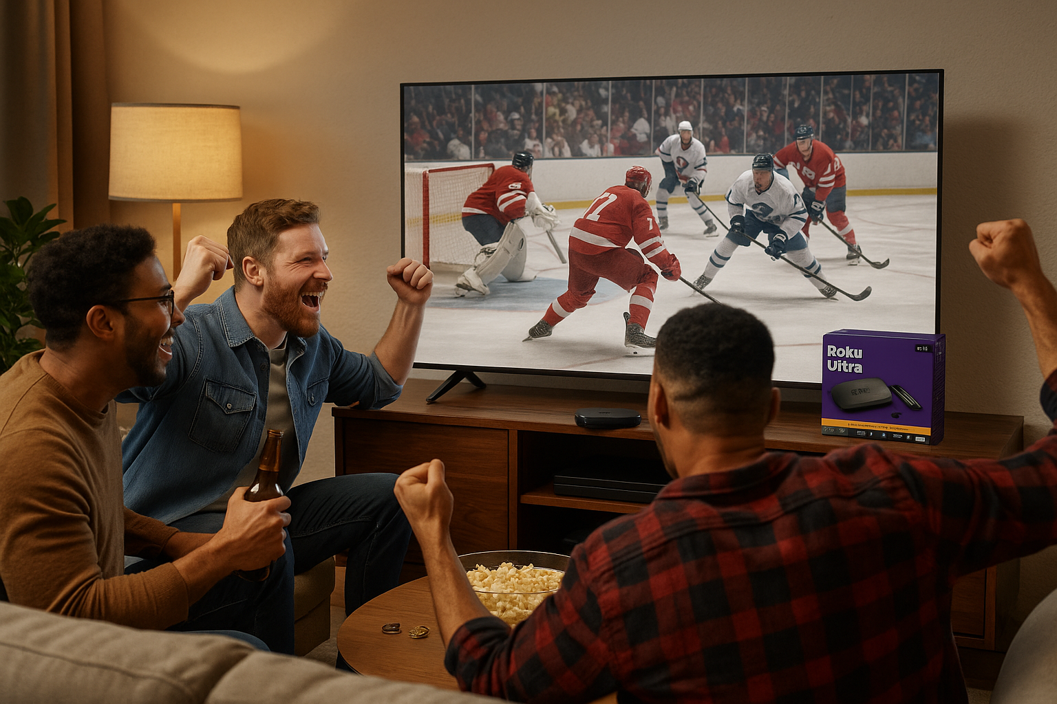 Group of guys watching a hockey game on tv with the roku ultra streaming box