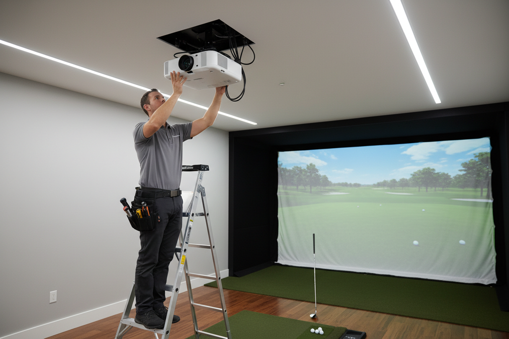 have a av tech instilling the Panasonic PT-VMZ61U, PT-VMZ61U WUXGA 3LCD Portable Laser Projector for a golf simulator on a ceiling mount