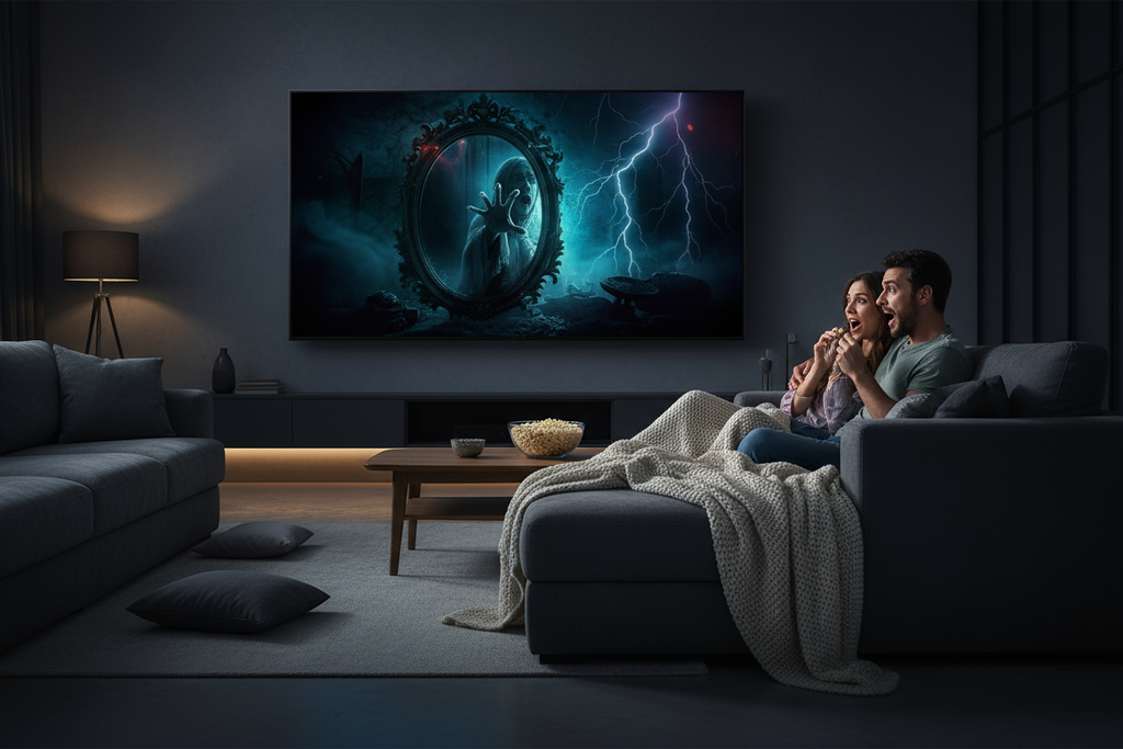 Have a couple watching a horror movie on the Samsung 77" S95F Series 4K OLED Smart TV