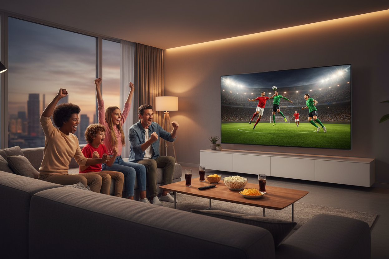 Have a family watching a football game on their Samsung 75" 4K NeoQLED, NQ4 AI Gen2 Proc, 120Hz Refresh