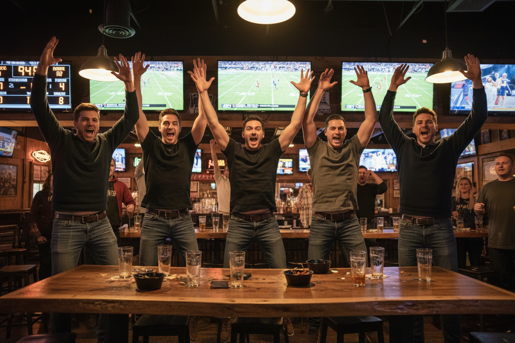 Have a group of guys at a bar watching a sporting event while jumping and being excited