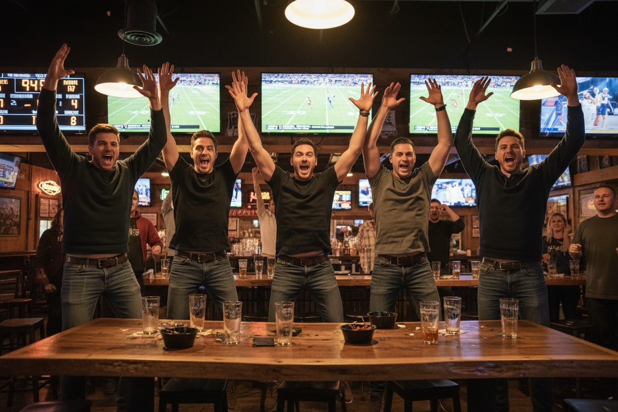Have a group of guys at a bar watching a sporting event while jumping and being excited