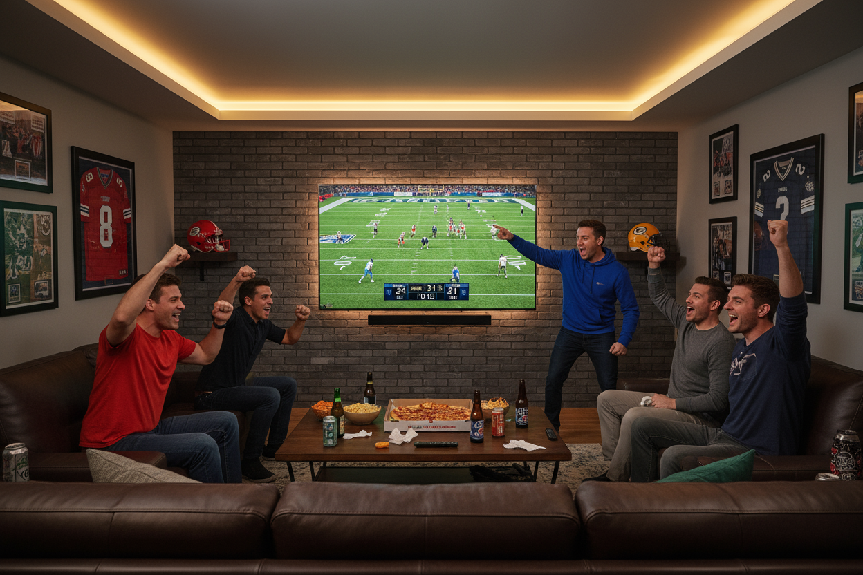 Have a group of guys in a man cave watching American football on the Samsung 65" QN90F Series 4K Neo QLED Smart TV