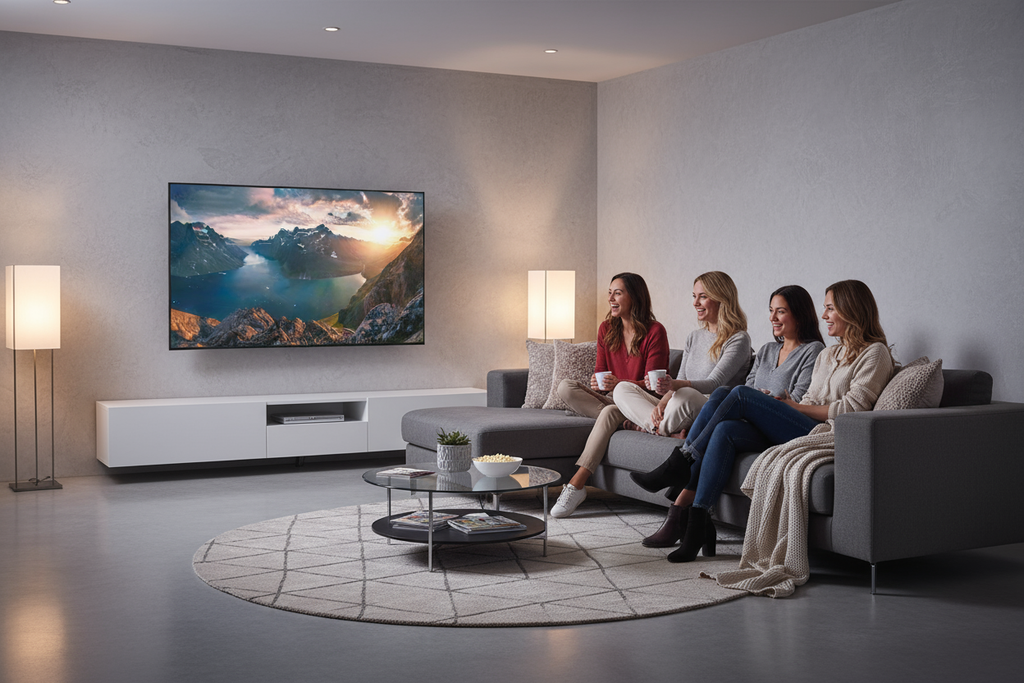 Have a group of woman watching TV on the Samsung 55" 4K QLED, Quantum HDR +, 120Hz Full-Array LED