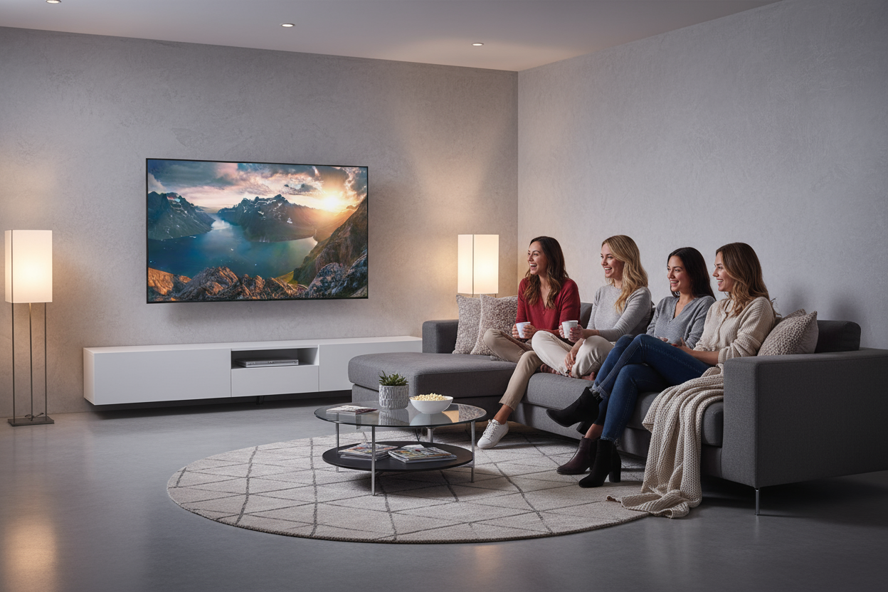 Have a group of woman watching TV on the Samsung 55" 4K QLED, Quantum HDR +, 120Hz Full-Array LED