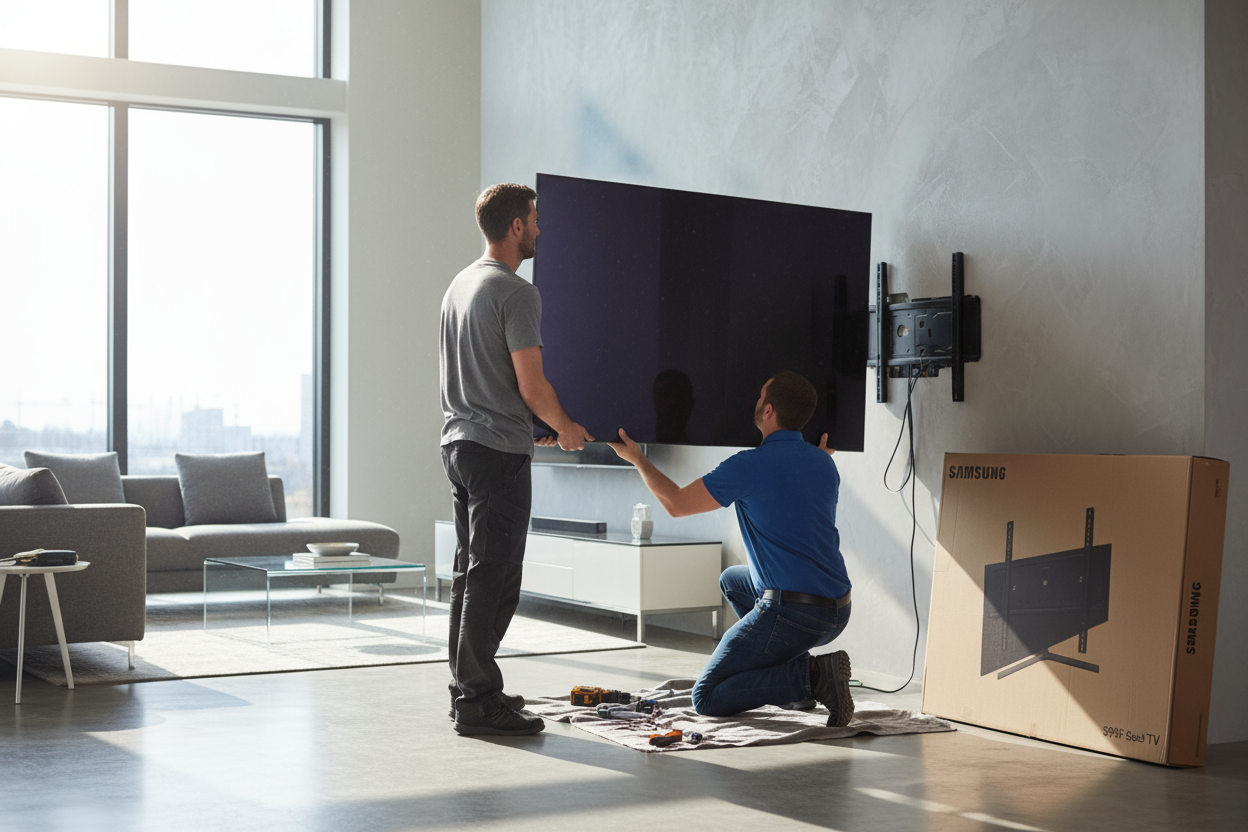 Make me a picture of 2 guys setting up the Samsung 65" S95F Series 4K OLED Smart TV