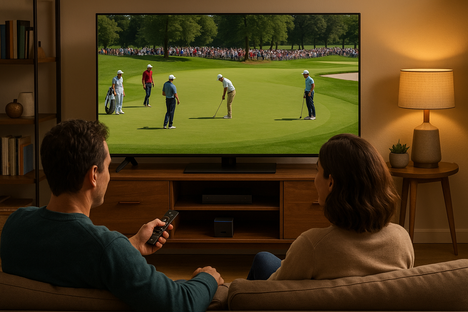 Two adults watching a golf match on their tv with the amazon fir tv cube 