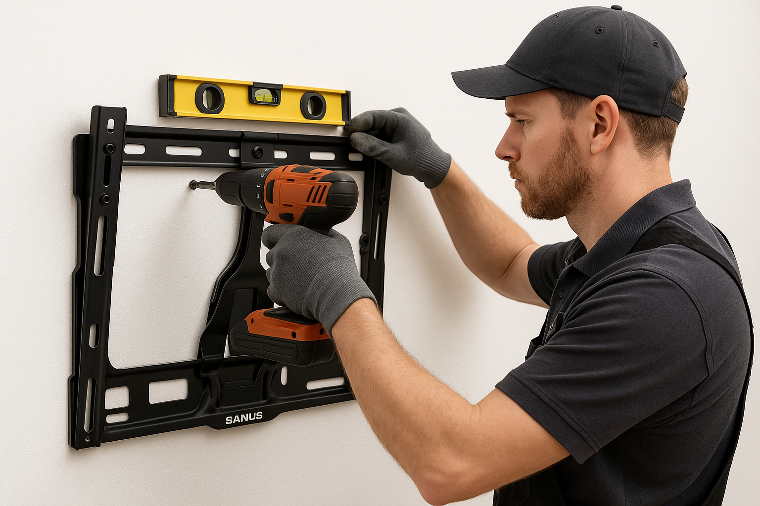 worker installing a Sanus Tilting TV Wall Mount 